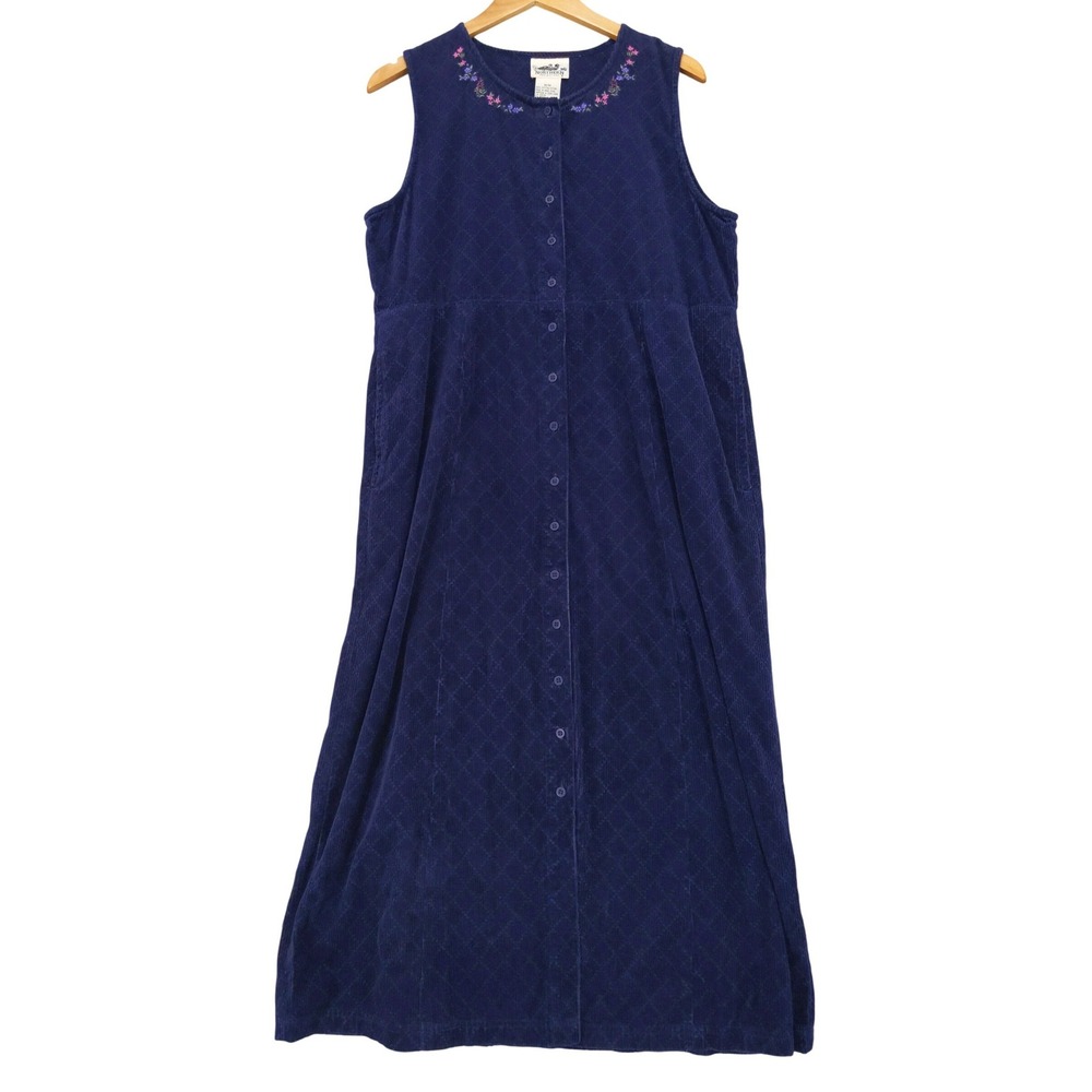 Vintage Northern Reflections Jumper Dress M Blue Corduroy Button Front Maxi